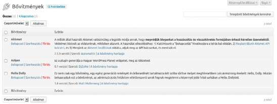 9.1. Telepített bővítmények kezelése